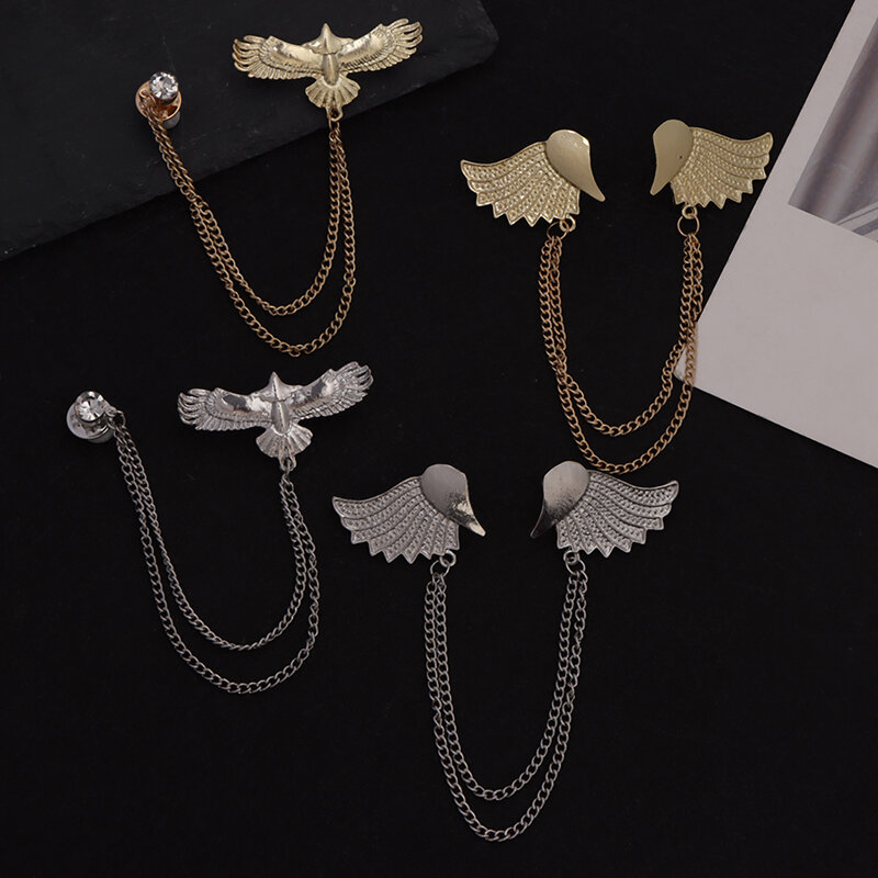 Fashion Gentleman Tassel Brooch For Men Suit Shirt Collar Wings/Eagle Shape Chain Lapel Pin Metal Wedding Accessories