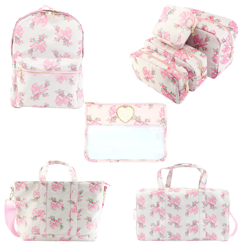 Bolsa de cosméticos de nailon con estampado de lazo rosa para mujer, bolso de mano para exteriores, bolsa de viaje, conjunto de mochila, bolsa de lona