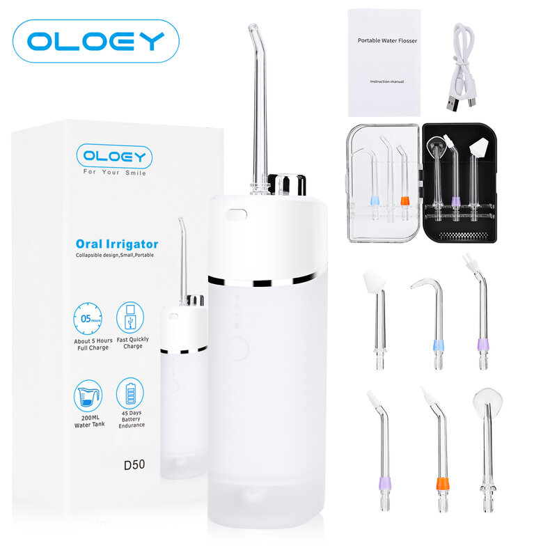 OLOEY-irrigador Oral portátil, limpiador de dientes telescópico, recargable por USB, chorro de agua Dental, 200ML, resistente al agua