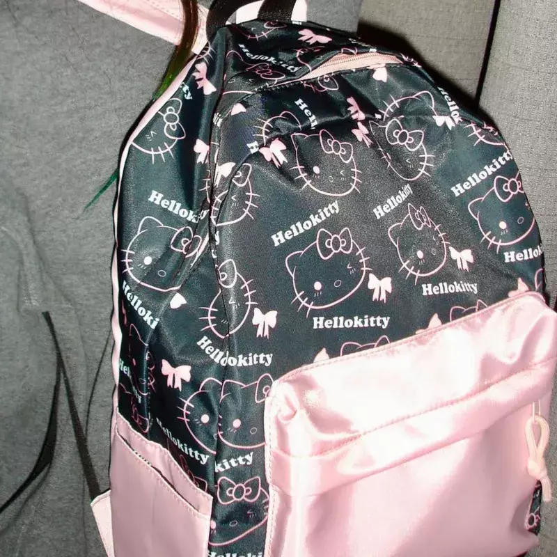 Mochila feminina com estampa Sanrio Hello Kitty, mochila escolar de grande capacidade, preta, rosa contrastante, moda coreana, bolsa kawaii, Y2k, nova