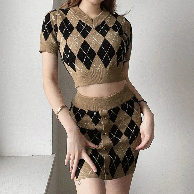 Boring Honey Dresses For Women Summer Chequer Short Sleeve Ttop Women High-Waisted Sexy Skirt Set Of Two Fashion Pieces For Wome