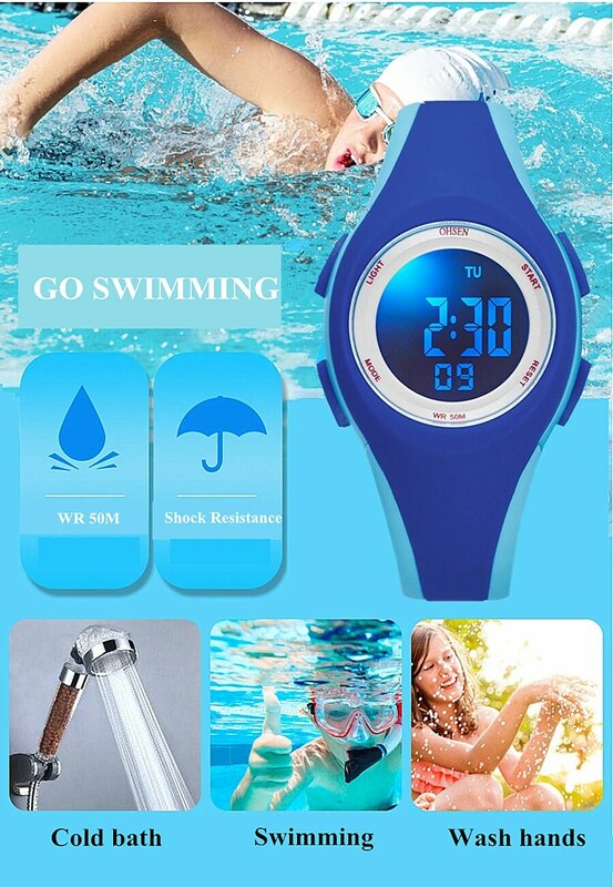 OHSEN Pink Kids Digital Watches Boys Girls Sport 50M Waterproof LED Wristwatch Alarm Stopwatch Cute Electronic Children Watch