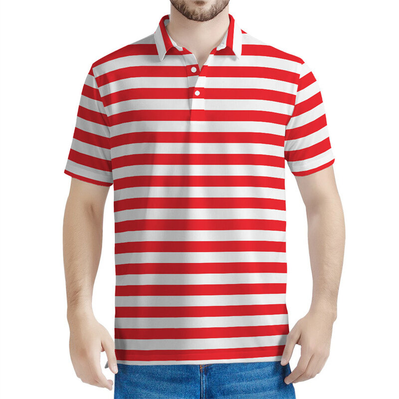 남성용 기하학 패턴 폴로 셔츠, 다채로운 줄무늬, 3D 인쇄 반팔 상의, 캐주얼 라펠 티, 단추 티셔츠, 여름 패션