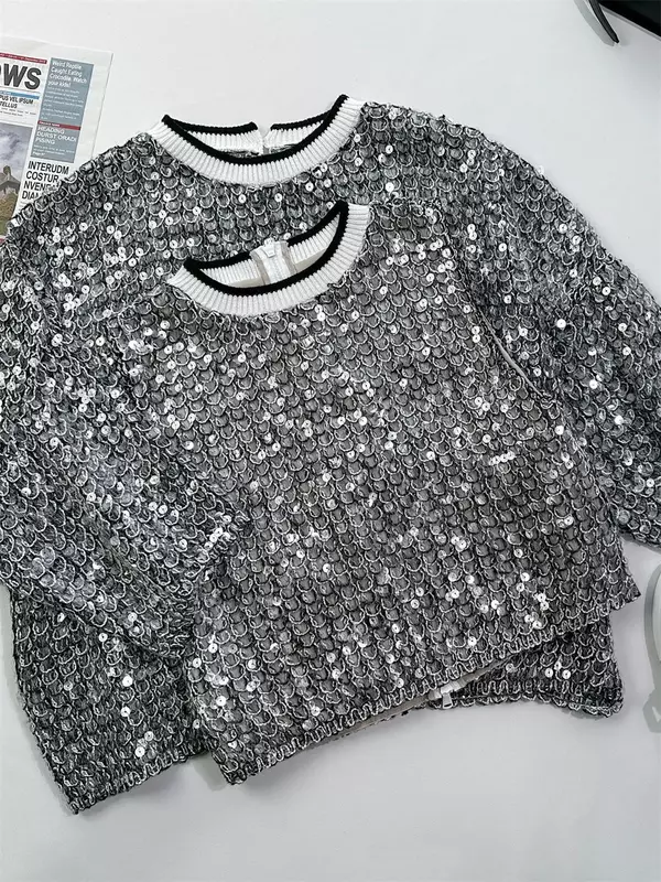 Женский пуловер с блестками, модный Свободный Летний топ на молнии с круглым вырезом и коротким рукавом