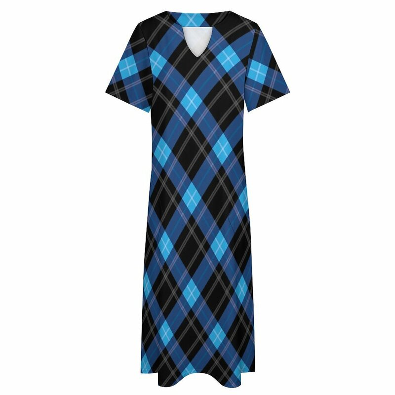 Blau kariertes Kleid klassische Linien drucken elegantes Maxi kleid Street Style Boho Beach lange Kleider Frühling V-Ausschnitt Grafik Vestidos 5xl