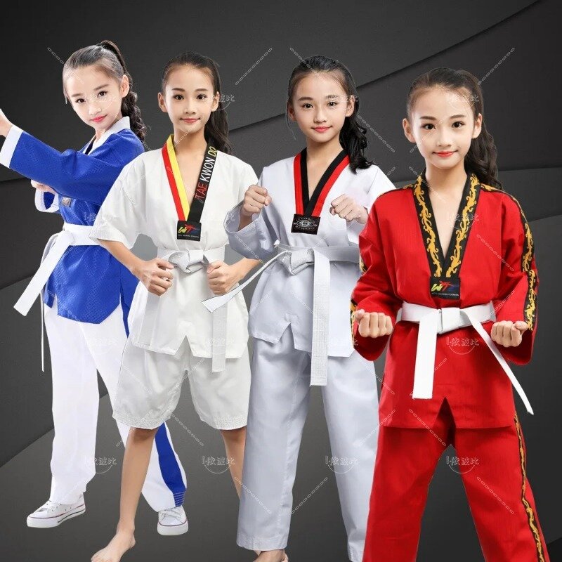 Ropa de entrenamiento de Taekwondo para niños y adultos, uniformes de manga larga de algodón de manga corta para hombres y mujeres, primavera y verano