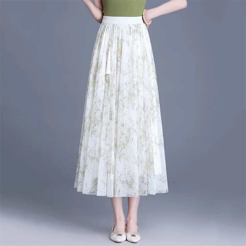 Saia feminina de chiffon estampada em estilo chinês, roupas elegantes de elástico, saia floral fina de cintura alta, nova, verão, 2024