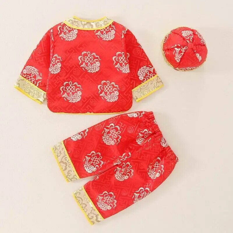 ชุดชุดจีนสีแดงเครื่องแต่งกายทารกแรกเกิดหมวกเด็กผู้หญิงเด็กผู้ชายชุดของขวัญวันเกิดปีใหม่จีนดั้งเดิม