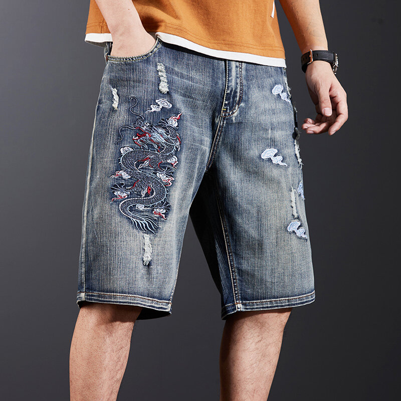 Dragão chinês masculino, shorts jeans bordados, solto, buraco, plus size, retro, lavado, rua, novo, 2024