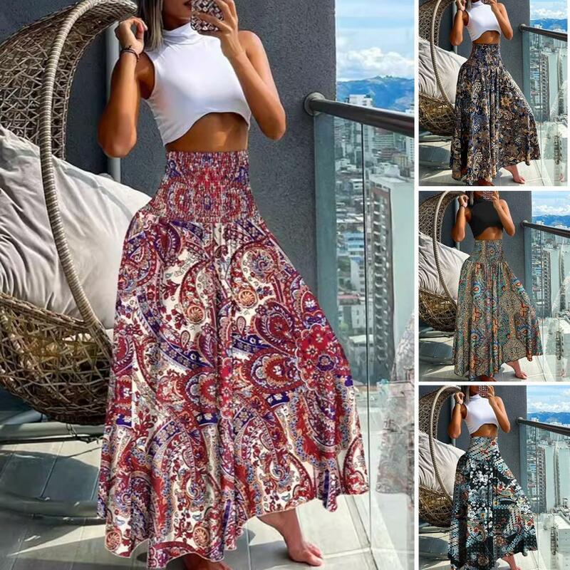 Printed A-line Skirt Elegant Women's High Waist Maxi Skirt with Retro Print Wide Elastic Waist A-line Design Loose Fit Summer