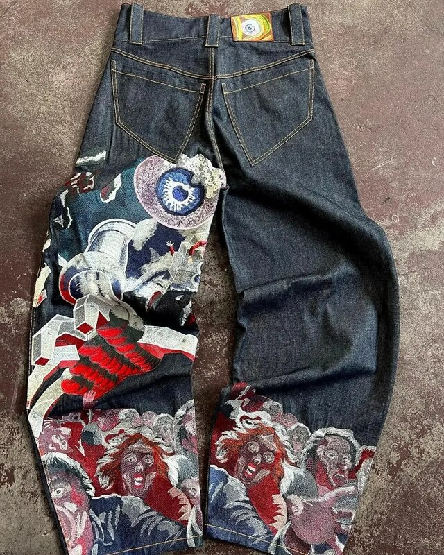 Джинсы мужские и женские оверсайз с широкими штанинами, повседневные мешковатые джинсы в стиле Харадзюку, хип-хоп, уличная одежда в стиле ретро, с графической вышивкой, Y2k