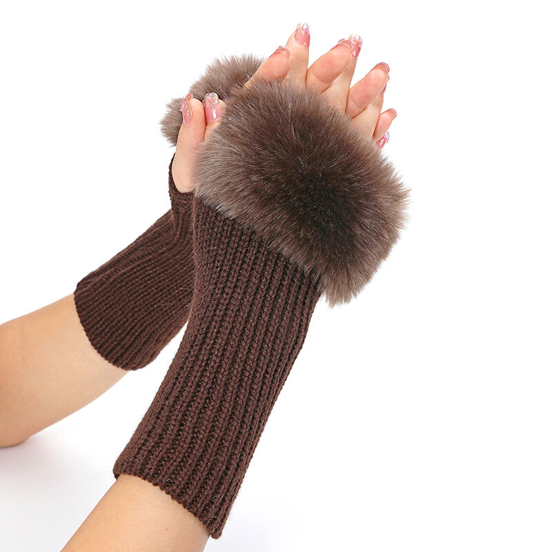ถุงมือขนยาวครึ่งนิ้วถักจากหนังเทียมขนสัตว์แฟชั่นสำหรับผู้หญิงให้ความอบอุ่น