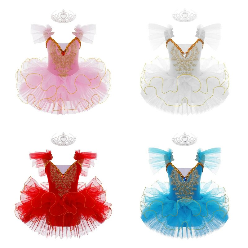 Vestido de balé crianças plissado mangas voadoras textura do laço ballet tutu vestido collant menina bailarina festa traje ginástica dancewear