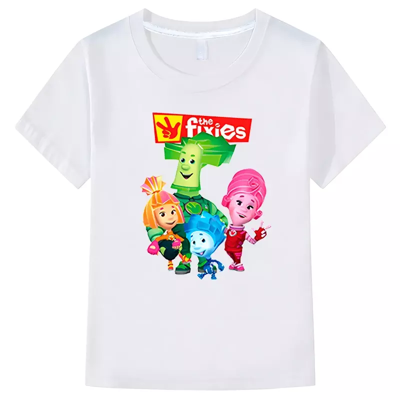 The Fixies Cartoon Graph T-shirt para crianças Funny Short Sleeve Tops 100% algodão, roupas Y2K para meninas e meninos, 1 pc, verão