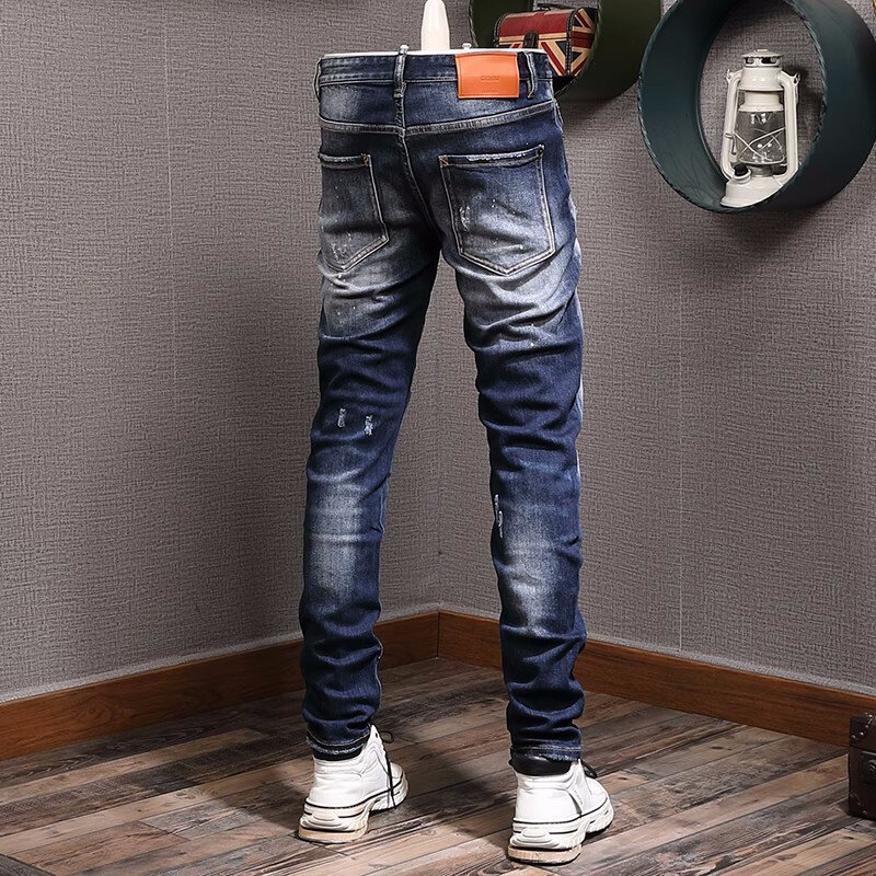 Główna ulica modne dżinsy męskie niebieskie w stylu Retro elastyczny Slim Fit porwane jeansy mężczyźni spodnie w stylu Vintage połatany projektant markowe spodnie Hombre