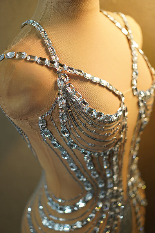Luxury Diamond Sequin Feather Dress Nightclub Singer Mesh Transparent Celebration Birthday Party Dress Amazing Dancer Clothing