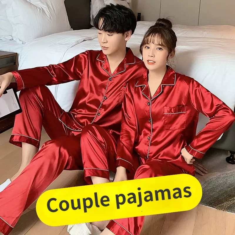 Ice Silk Couples Pajamas Women satin Home Wear Thin Section of The Four Seasons Long-sleeved Cardigan Couple Pajamas Suit