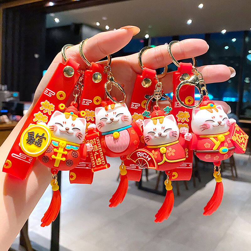 Tassel Lucky Cat Keychain Cartoon Cute Cat Pendant Silicone School Bag Handbag Decor Keyring Fashion Women Jewelry Gifts