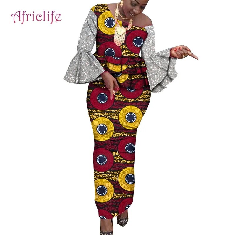 2 قطعة مجموعة Dashiki الأفريقية موضة جديدة ملابس حريمي قبالة الكتف حجم كبير تنورة الدعاوى لسيدة مساء فستان حفلة WY1010