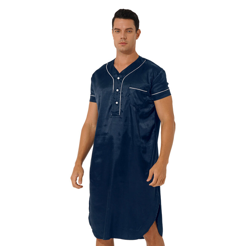 Chemise de nuit en satin à manches courtes pour hommes, chemise de nuit boutonnée, ourlet incurvé, pull, vêtements de nuit, robe avec poche