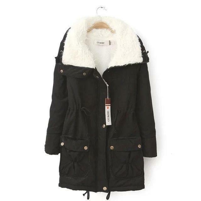 Winter cotton jacket, solid color, medium length drawstring, waist up, slimming sheepskin cotton jacket, cotton dress for women