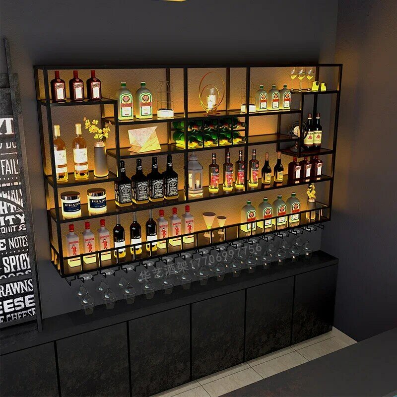 Zwart Metalen Wijn Rekken Opslag Muur Display Licht Liquor Fles Bar Kast Commercieel Restaurant Comptoir De Bar Meubels