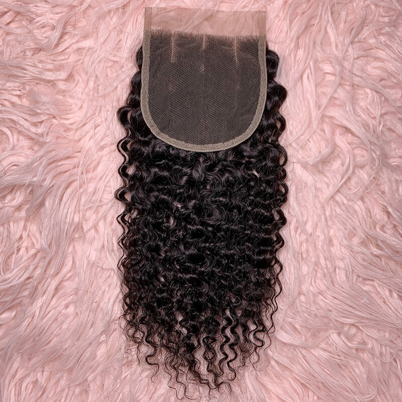 4x4 Lace Front Closure 100% Hand Tied LACE CLOSURE Nature Remy Pixie Curl Human Hair Transparent Lace Closure Only Three Parts