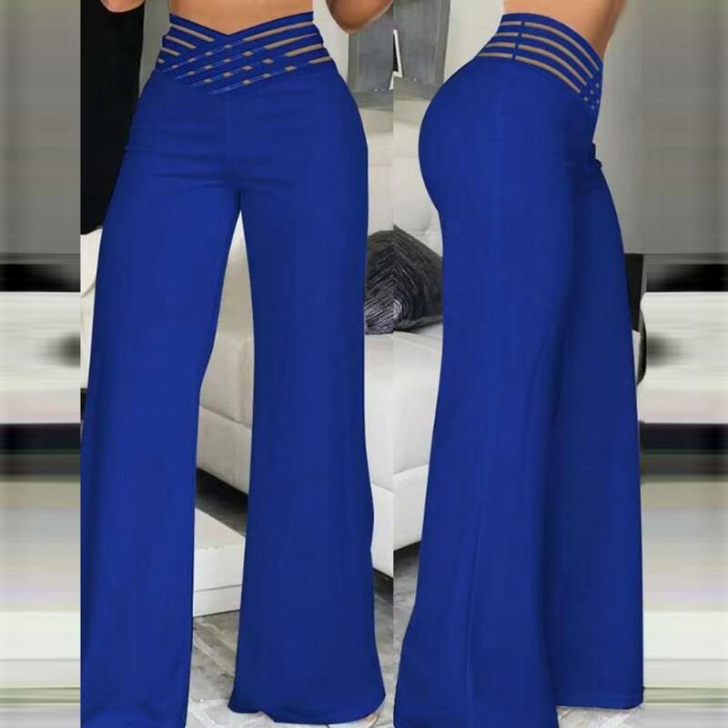 Women Wide Leg Flared Pants Sexy Hollow Wide Waistband High Waist Long Pants Casual Solid Color Wide Leg  Yoga Sport Gym Pants