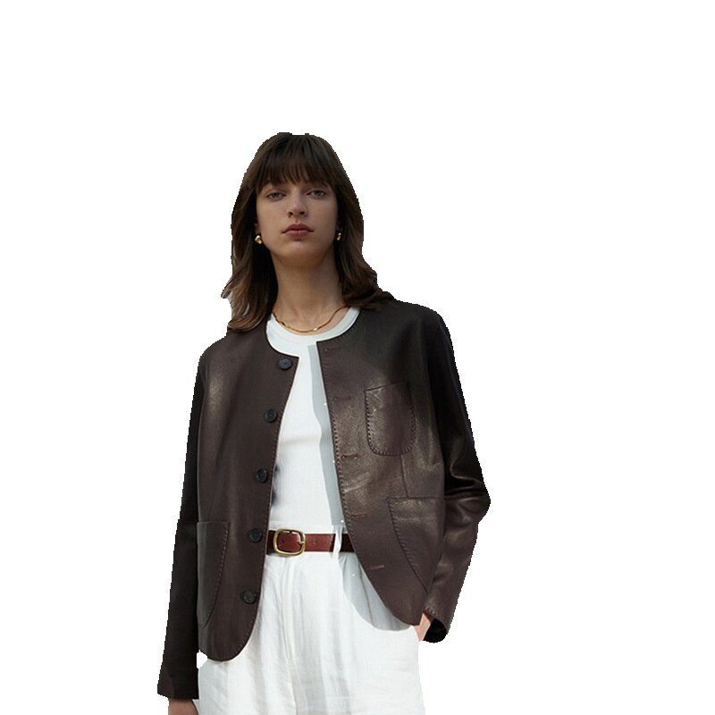 Высококачественная Новая повседневная кожаная куртка для женщин, короткая куртка, кожаная куртка из овечьей кожи с круглым вырезом и узором Личи