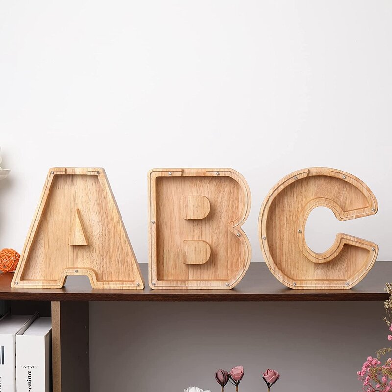 Hucha de madera personalizada para niños y adultos, juguete con alfabeto, tarro de dinero, caja de ahorro, decoración de letras