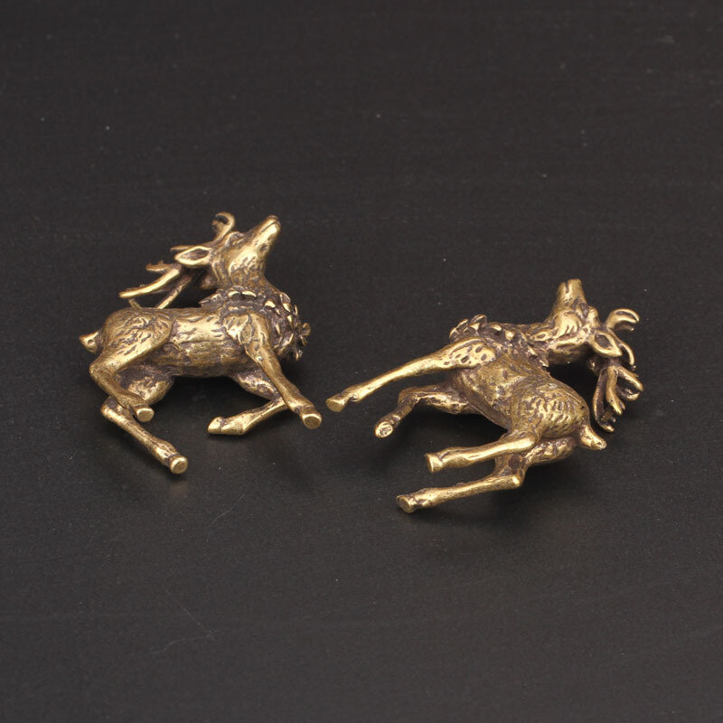Escultura de ciervo de cobre puro de 2 piezas, figuritas en miniatura Sika de latón macizo, artesanías Feng Shui de la suerte, decoraciones de escritorio