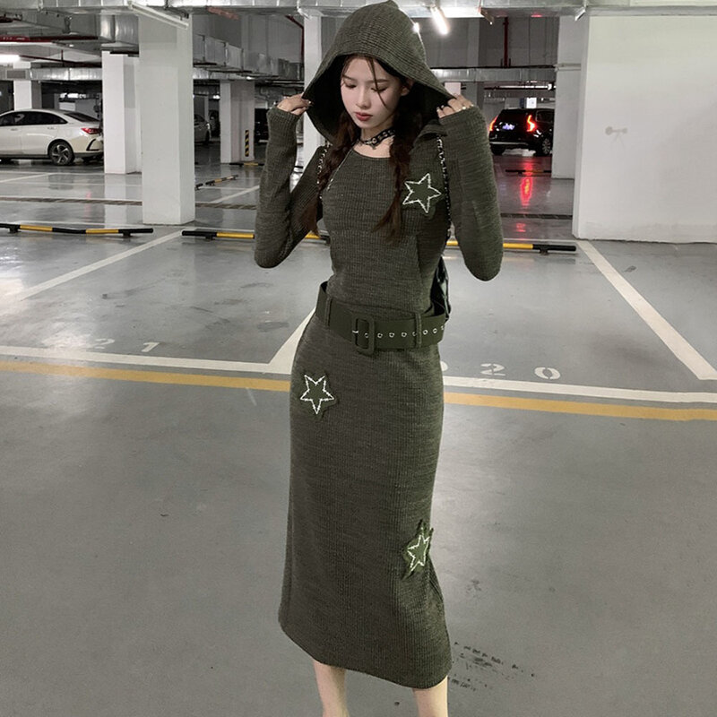 Осень 2023, винтажное трикотажное платье с капюшоном, женское модное платье-свитер в Корейском стиле, женское облегающее элегантное мини/длинное платье со звездами