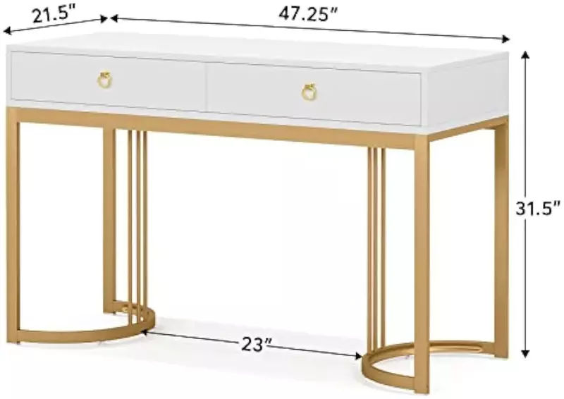 47 inch White and Gold Computer Desk with 2 Drawers, Modern Simple White Vanity Desks Makeup Table w/ Golden Metal Frame Handles