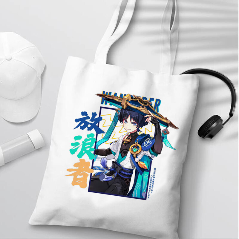 Genshin Impact-Bolsos de compras con estampado de Scaramouche para mujer, bolso de mano de dibujos animados, bolsos de lona, bolso ecológico