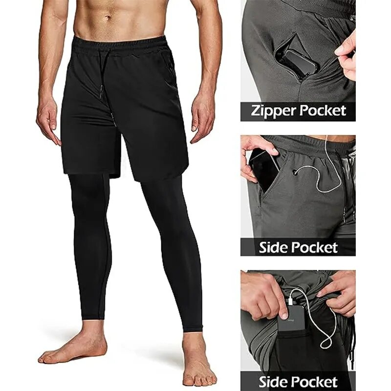Компрессионные штаны для бега, Мужская Двухуровневая спортивная одежда 2 в 1, брюки для бега, тренировочный спортивный костюм для тренажерного зала, тренировочные спортивные штаны для мужчин