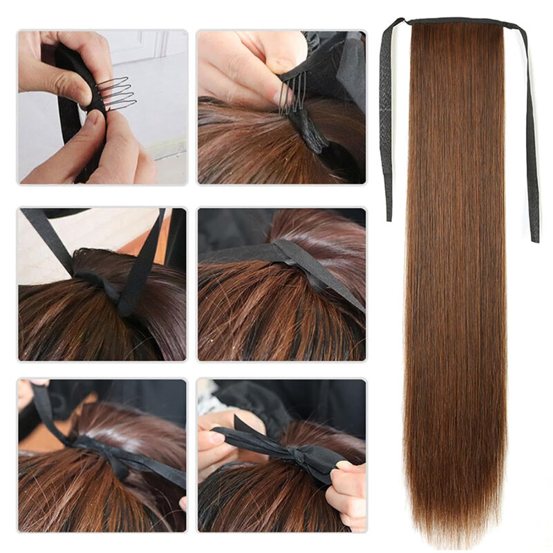 45/55/65cm Long Straight Wig Ponytail Hair Extension Hairpiece Matte Realistic Seamless Tie Up Pony Tail for Woman Daily Use