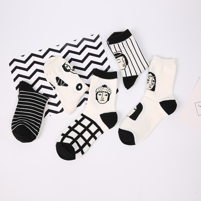Women's Socks New Japanese Cotton Mid Length Black and White Character Fashion Cartoon Stripe Plaid Academy Style Cotton Socks