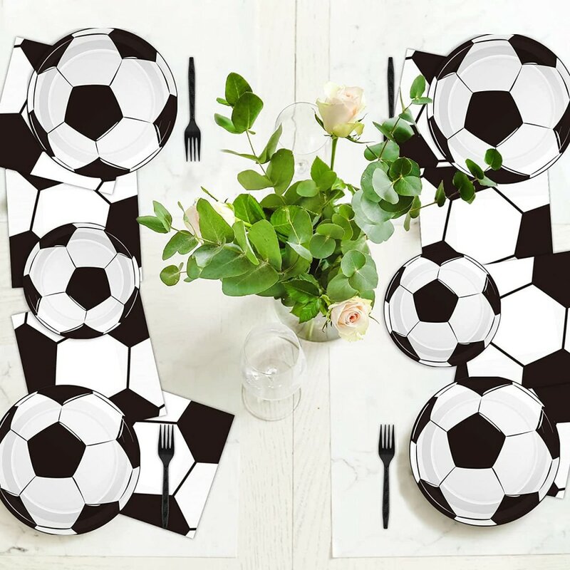 Z motywem piłki nożnej przyjęcie jednorazowe zastawy stołowe talerz papierowy kubek obrus Baby Shower dzieci piłka nożna materiały do dekoracji przyjęcia urodzinowego