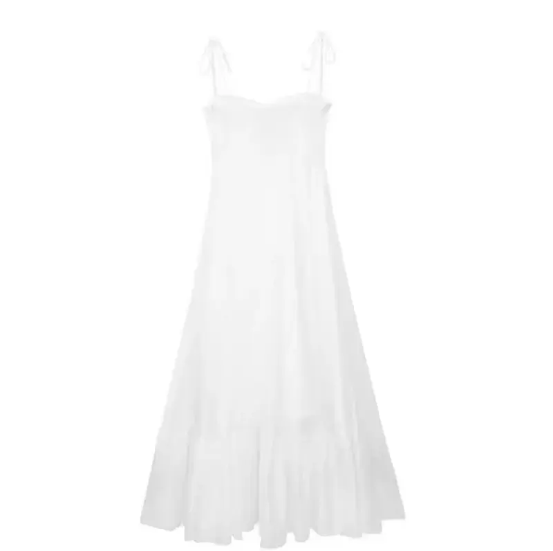 Gaun dekoratif berlapis baru musim panas, gaun putih wanita