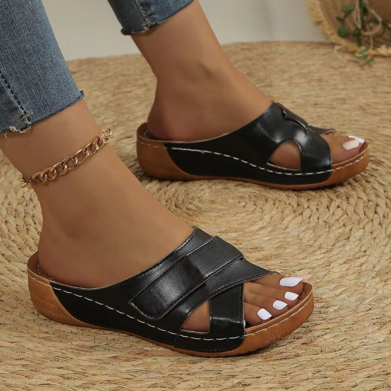 Sandálias de dedo do pé aberto para mulheres, sapatos de praia, flip-flops, cunhas confortáveis, chinelos bonitos, tamanho grande 36-43, novo verão