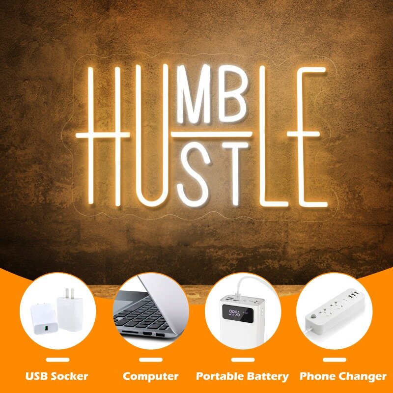 Hustle letrero de neón LED para decoración de pared, decoraciones de fiesta simple, interruptor alimentado por USB ajustable para habitación de oficina (amarillo y blanco)
