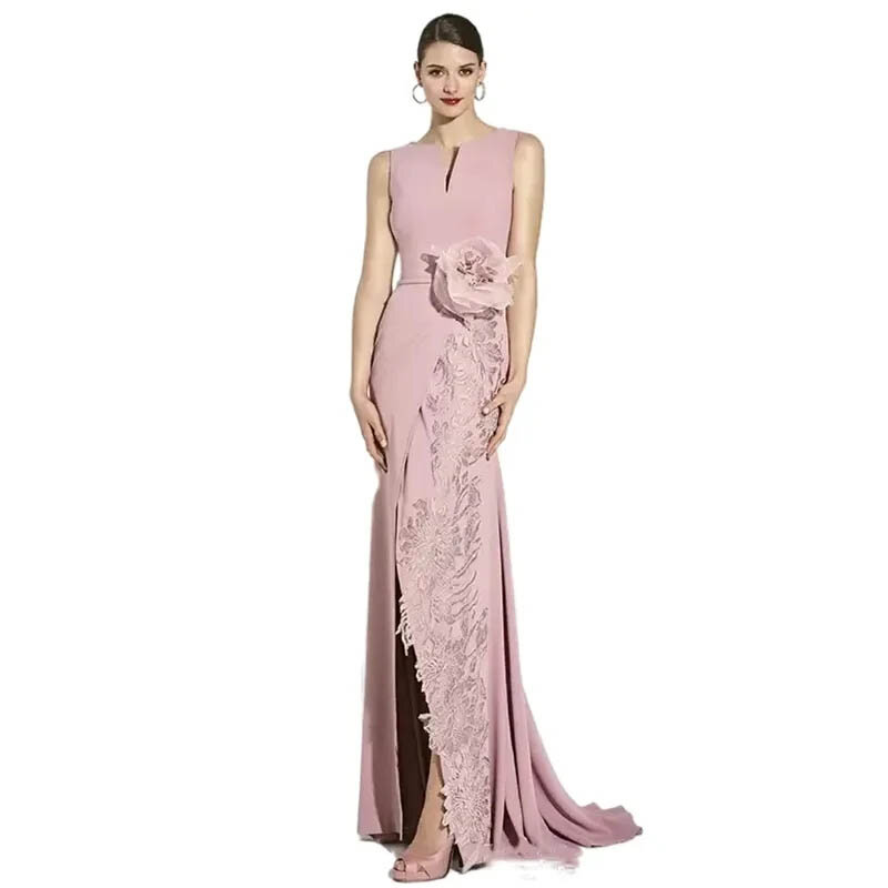 Vestido sereia rosa para a mãe da noiva, sem mangas, flor rendas applique, vestido do convidado do casamento, vestido de baile