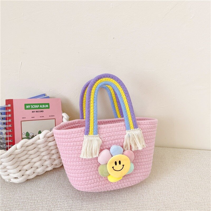 Детская сумка из хлопкового шнура, плетеная женская сумка с подарочной корзиной, Детская сумка через плечо, мультяшная Радужная сумка
