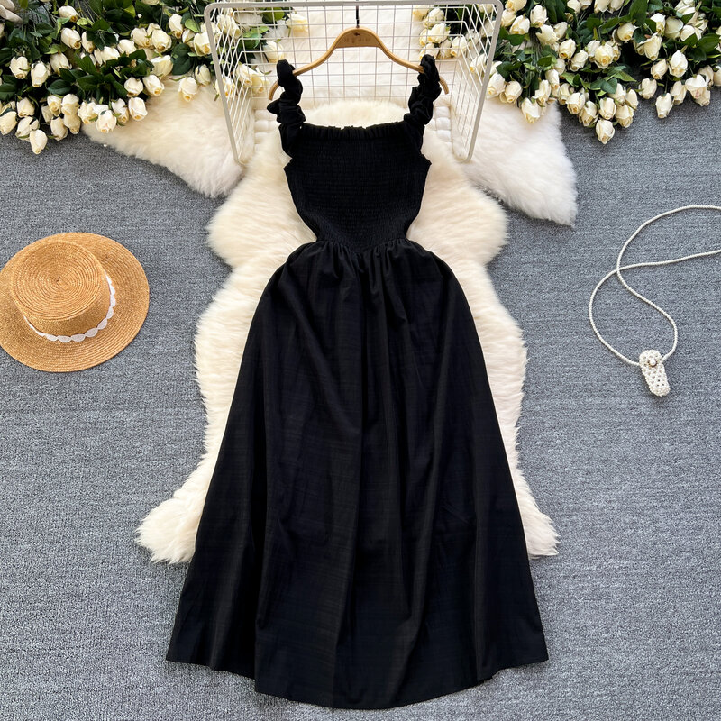 Vintage sweet Elegant pleated  Edible Tree Fungus A-line Square Collar Slip Dress Casual Women  Fashion summer Spring  dresses