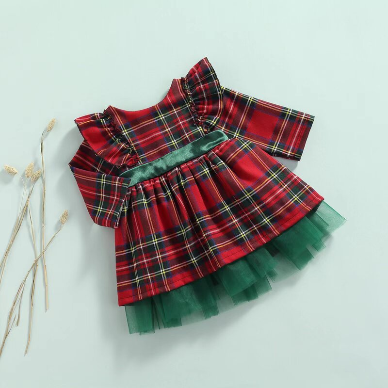 Рождественские наряды для маленьких девочек, красное клетчатое платье с длинным рукавом, балетная пачка принцессы из тюля с бантом, платья, Рождественская одежда