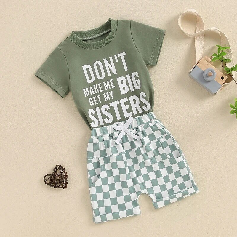 Toddler Boys Summer Outfits Letter Print Round Neck Short Sleeve Tops and Checkerboard Elastic Waist Shorts 2Pcs Clothes Set