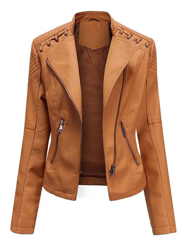 Zipper Slim Motor Biker Winter Pu Faux Leather Jackets Women Long SleeveLeather Coat Female Outwear TopsAutumn