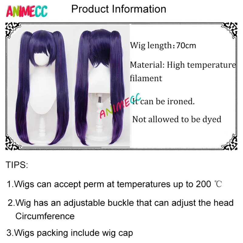 ANIMECC-Peluca de Cosplay Mona, juego de Anime, Genshin Impact, 70cm, púrpura, doble cola, resistente al calor, pelucas sintéticas + gorro