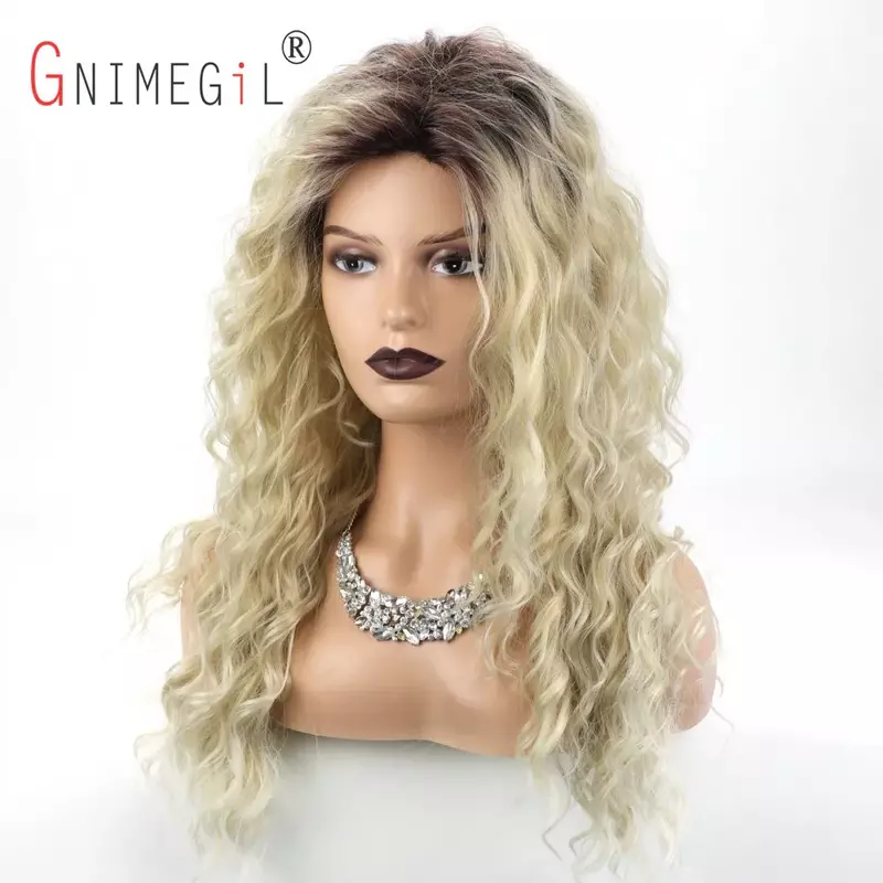 GNIMEGIL Synthetic Hair Long Curly Wigs for Women Ombre Blonde Dark Roots Wig Free Part Hairline Wavy Wig for Girl Sexy Drag Wig