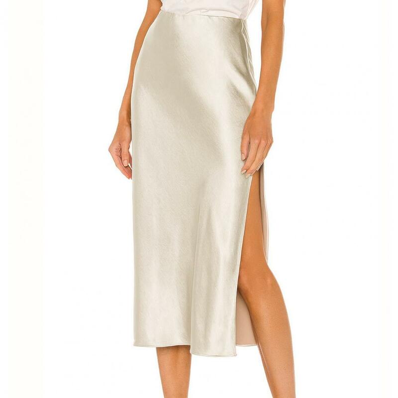 Юбка-трапеция Женская средней длины, элегантная однотонная атласная юбка с завышенной талией, с Боковым Разрезом, до середины икры, повседневная одежда